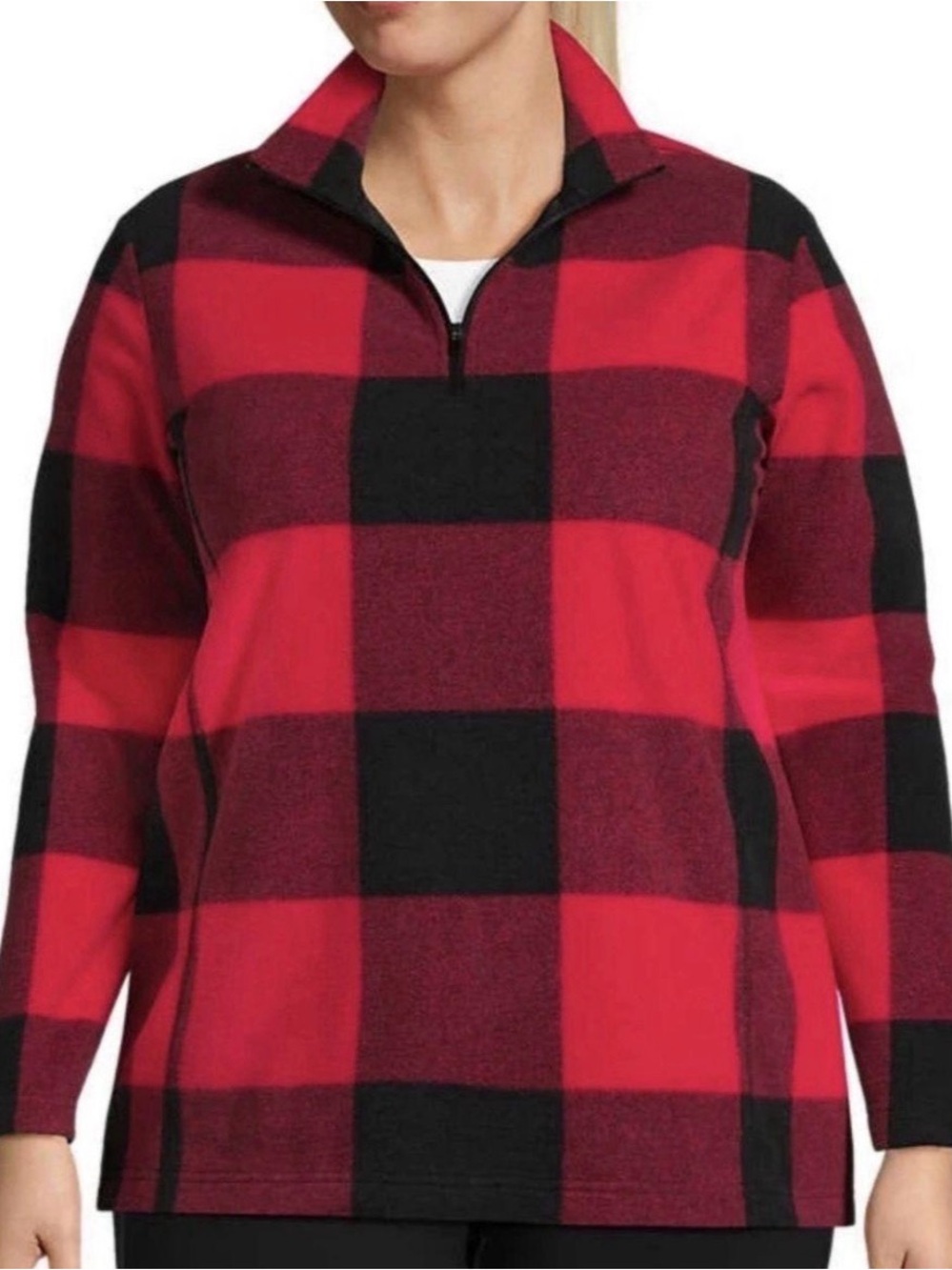 Lands' End Men's Red and Black Buffalo Plaid Quarter-Zip Sweater - Picture 3 of 11